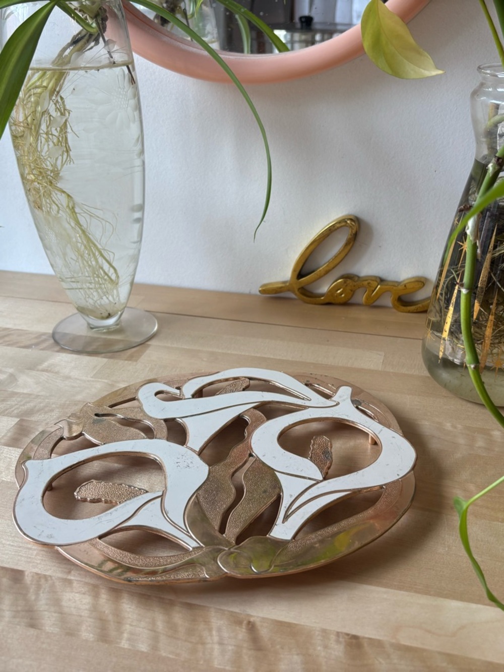 Decorative Golden Brass and Ivory Trivet Vintage